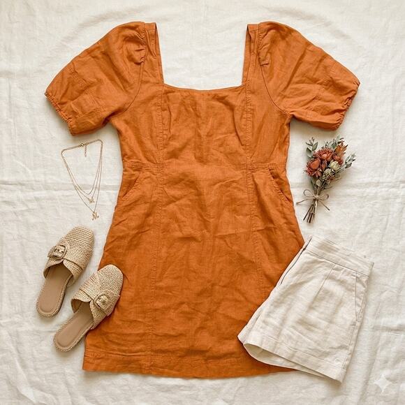 Madewell Dresses & Skirts - Madewell Maisie Square Neck Linen Mini Dress Orange Marigold Size 14